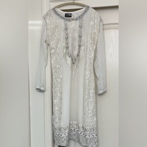 Embroidered White & Silver Long Sleeve Dress